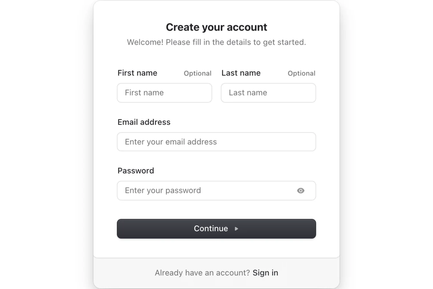 The EzReports sign-up page: first name, last name, email address, password, and a Continue button.
