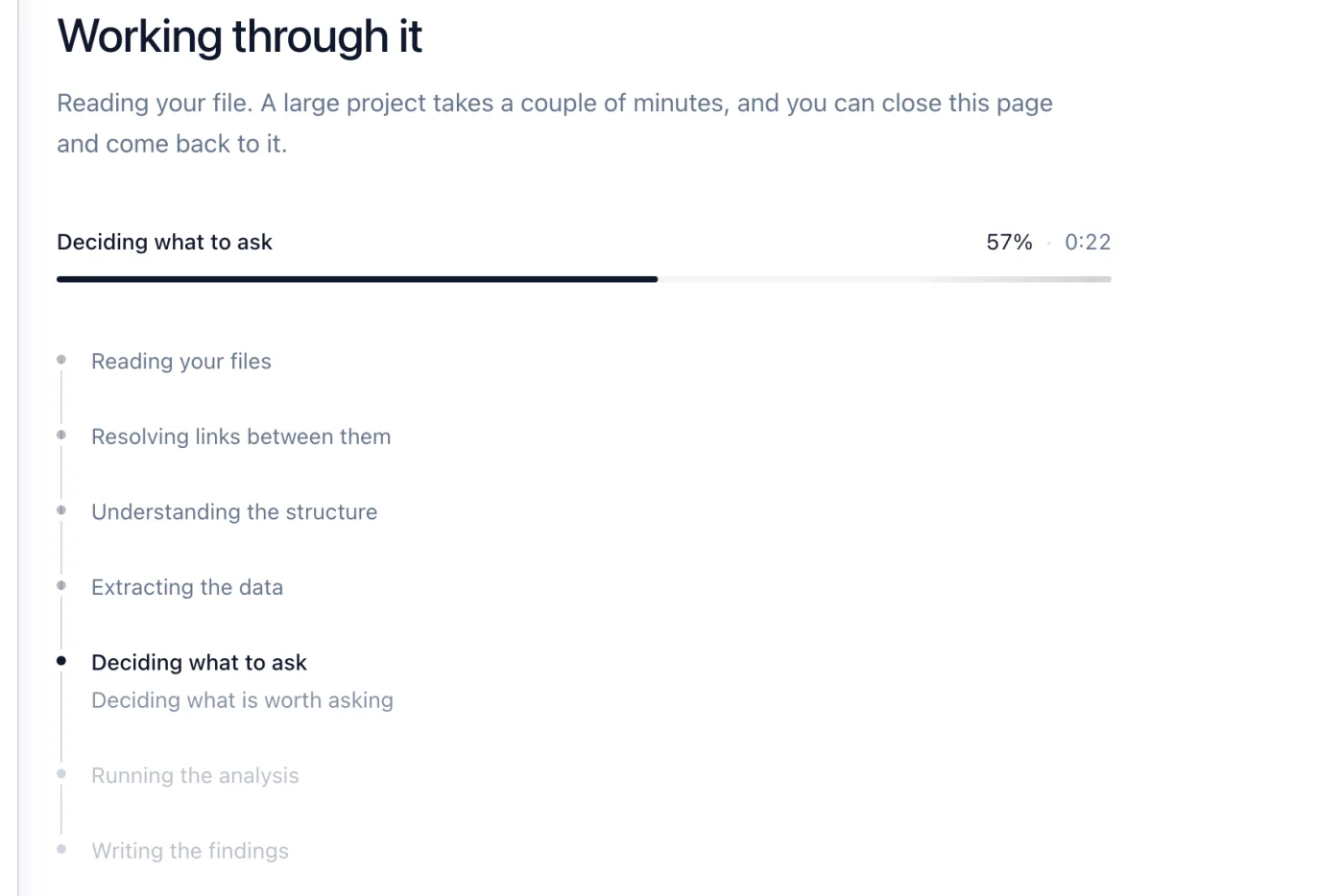EzReports working through the file, showing the steps it has finished and the one it is on, at 57 per cent.